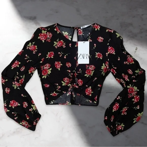 Zara Floral Print Long Sleeve Crop Top - Picture 2 of 4